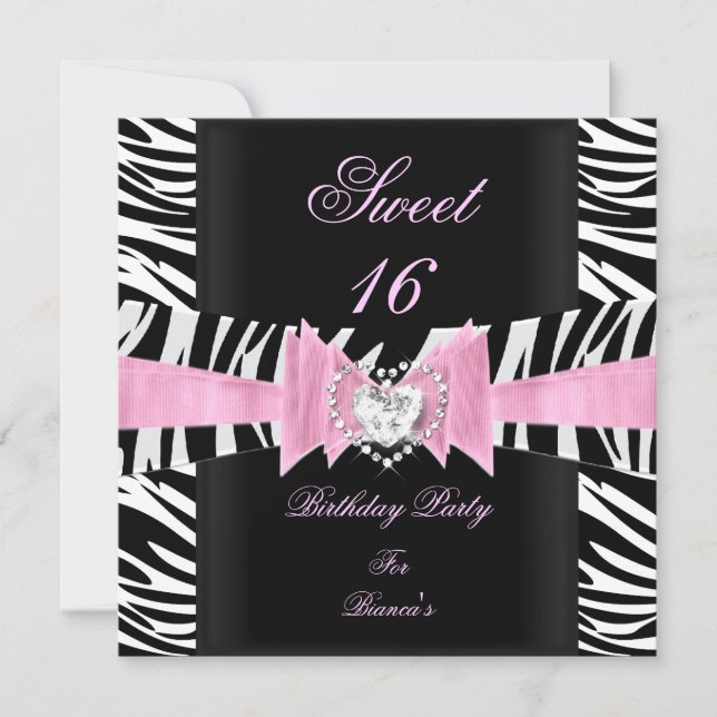 Convites Doce Dezesseis Listras Rosa Preto Branco Zebra (Frente)