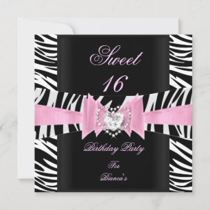 Convites Doce Dezesseis Listras Rosa Preto Branco Zebra