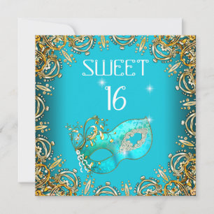 Convites Doce Dezesseis Máscara Dourado Azul Turquesa