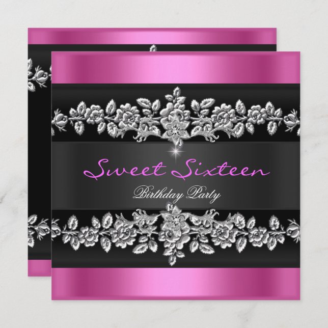 Convites Doce Dezesseis Prata Negra, Rosa, de 16 Partidos,  (Frente/Verso)