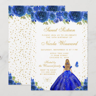 Convites Doce Dezesseis Princesa Cabelo Loiro Floral Azul