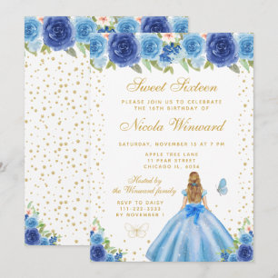 Convites Doce Dezesseis Princesa Cabelo Loiro Floral Azul