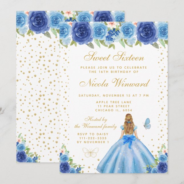 Convites Doce Dezesseis Princesa Cabelo Loiro Floral Azul (Frente/Verso)
