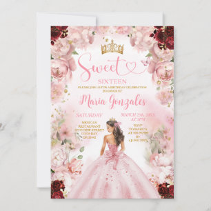Convites Doce Dezesseis Princesa Rosa, Vestido Burgundy Flo
