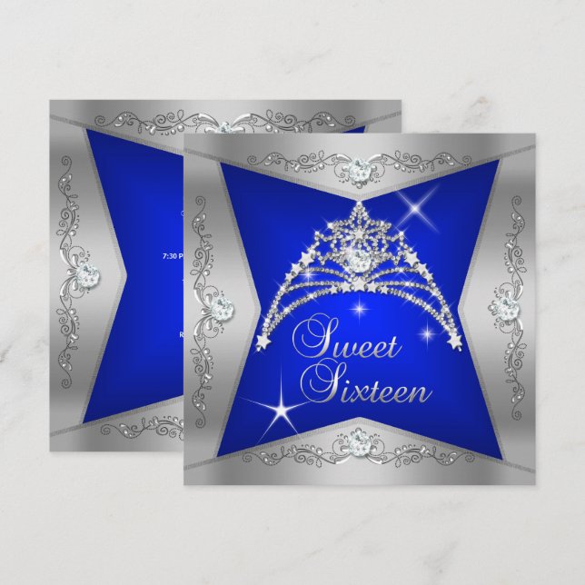 Convites Doce Dezesseis Tiara Azul Prata (Frente/Verso)