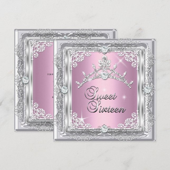 Convites Doce Dezesseis Tiara de Diamante Prata Rosa (Frente/Verso)