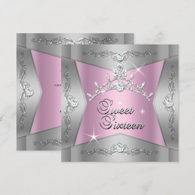 Convites Doce Dezesseis Tiara Rosa Prata (Frente/Verso)