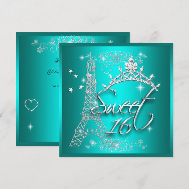 Convites Doce Dezesseis Tiara Teal Torre Eiffel (Frente/Verso)