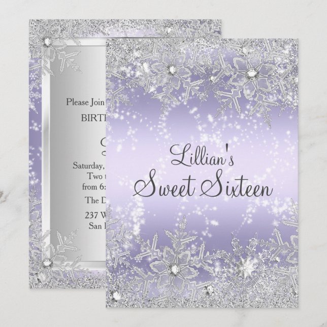 Convites Doce Diamante de Floco de Neve Roxo Inverno Encant (Frente/Verso)
