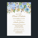 Convites Doce Dourado Floral Azul Botânico Dezesseis Aniver<br><div class="desc">Mais bonito,  16 Convites florais na loja Little Bayleigh!</div>