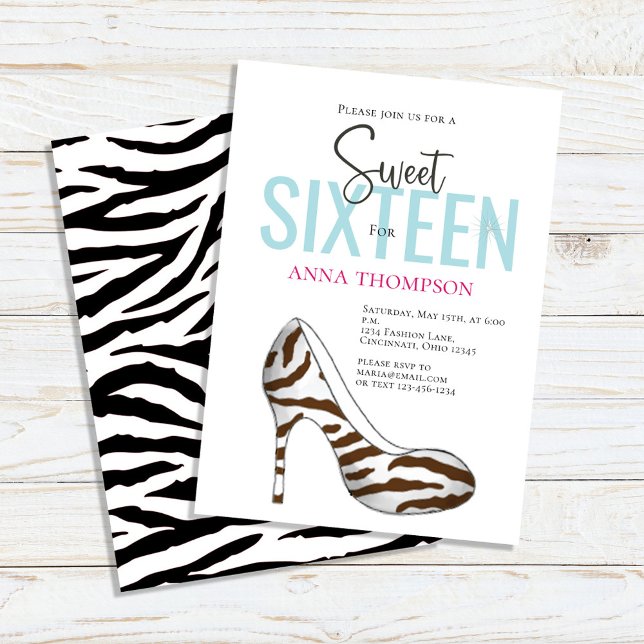Convites Doce e Dezesseis Calçados (Sweet 16 custom invitations with animal print high-heeled shoes. )