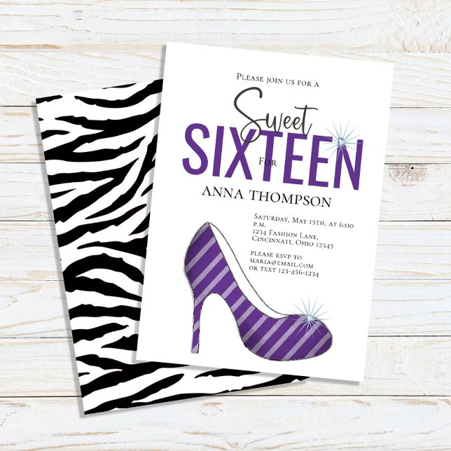 Convites Doce e Dezesseis Festas de aniversário de Menina (Sweet 16 custom invitations with purple-colored high-heeled shoes. )