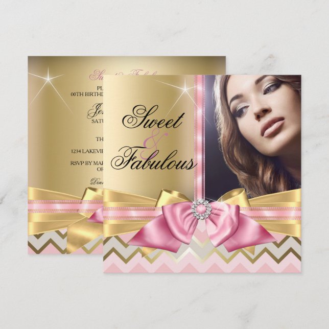 Convites Doce e Fabuloso Chevron de Ouro Rosa de Aniversári (Frente/Verso)