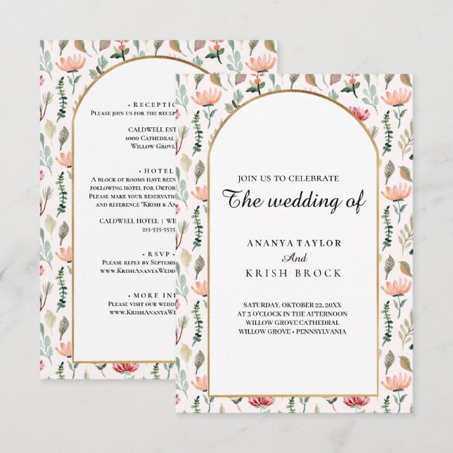 Convites Doce e Rosa Casamento Floral (Frente/Verso)