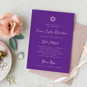 Convites Doce e Simples   Bat Mitzvah, roxo e rosa