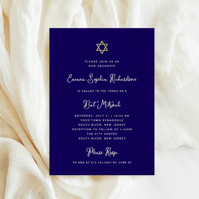 Convites Doce e Simples | Branco Azul e Bat Dourado Mitzvah (Criador carregado)