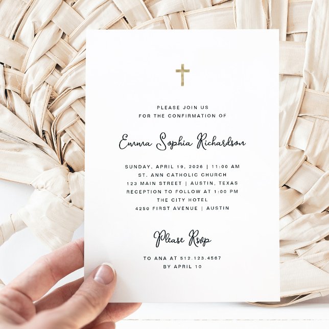 Convites Doce e Simples | Confirmação de preto e branco (A simple, black and white Confirmation invitation with trendy whimsical script)