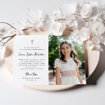 Convites Doce e Simples | Foto Primeira Comunhão Santa<br><div class="desc">Este convite religioso simples e na moda, preto e branco da Primeira Comunhão apresenta tipografia de escrita caprichosa, estilo vintage e uma cruz falsa de ouro com a sua fotografia. Um olhar elegante e clássico minimalista que ainda é único e contemporâneo e também neutro em termos de gênero, para um...</div>