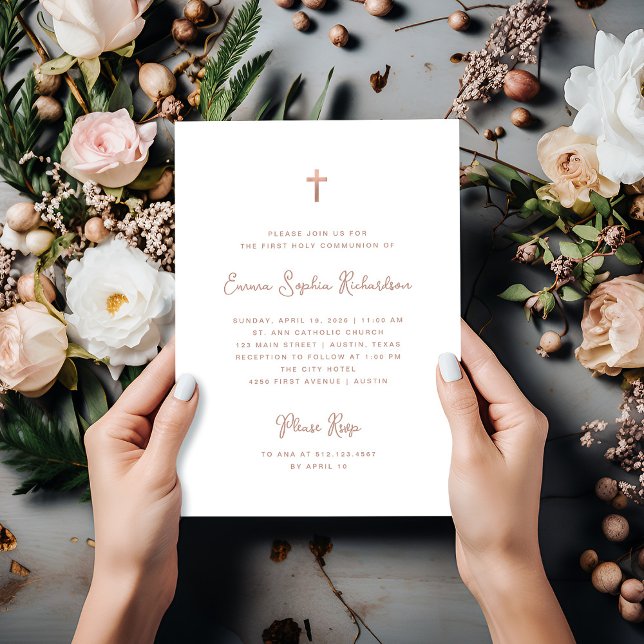 Convites Doce e Simples | Rosa Dourada Primeira Comunhão Sa (An elegant, faux rose gold First Holy Communion invitation)