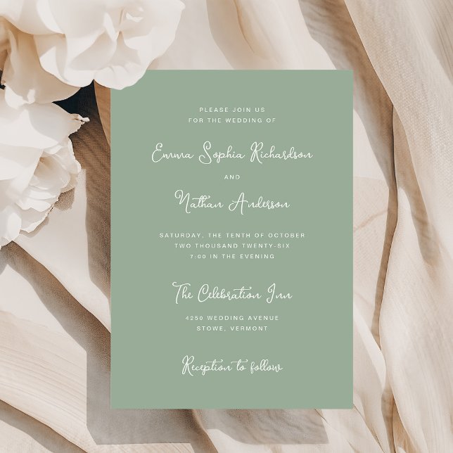Convites Doce e Whimsical | Casamento de Ivory e Sage Green (A stylish, sage green wedding invitation with ivory text)