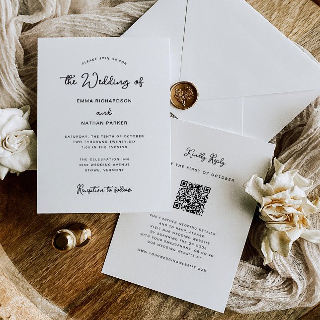 Convites Doce e Whimsical | Código QR e Casamento RSVP (A black in white, all in one wedding invitation with a QR code so guests can rsvp online)