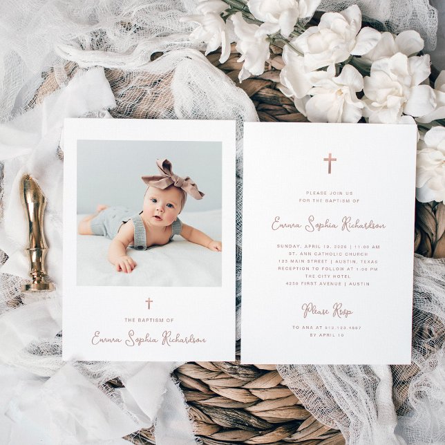 Convites Doce e Whimsical | Foto e Batismo Dourado Rosa (An elegant, whimsical rose gold look Baptism invitation with photo and a faux rose gold cross)