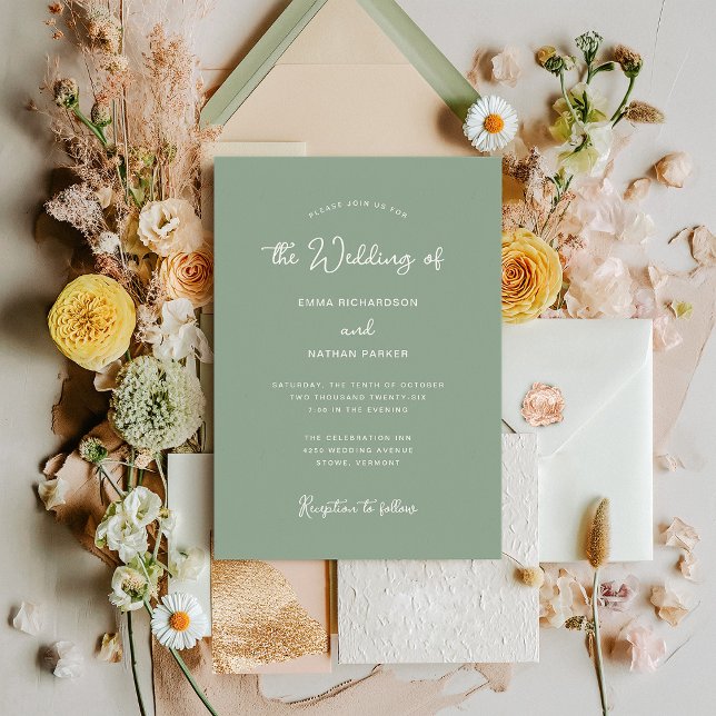Convites Doce e Whimsical | Sage Green Wedding (A stylish, sage green wedding invitation with ivory text)