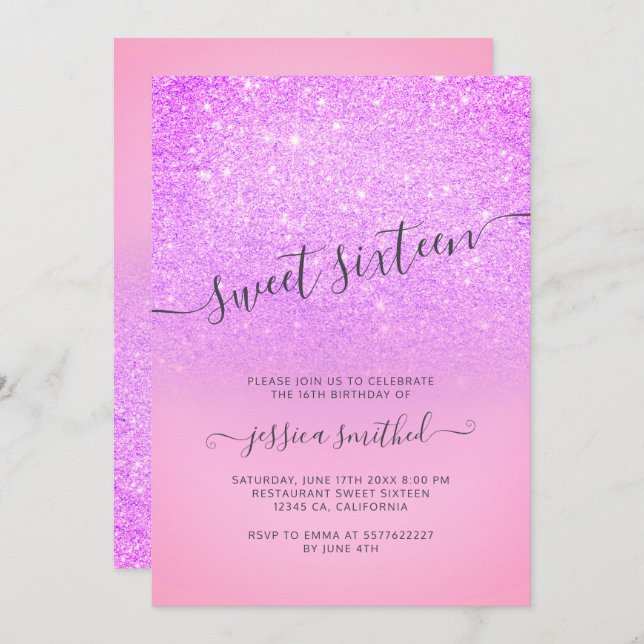 Convites Doce elegante 16 da tipografia do brilho (Frente/Verso)