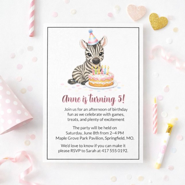 Convites Doce Festa de Aniversário da Zebra para Meninas (Criador carregado)