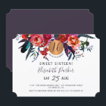 Convites Doce festa de aniversário de 16 anos com floral mo<br><div class="desc">Convite de festa de aniversário Sweet Sixteen / qualquer idade horizontal moderno e glamoroso com buquês de flores boêmias vermelhas e índigo e um círculo de brilho metálico dourado falso em cobre com tipografia editável trendy e chique.               Adequado para qualquer estação.</div>