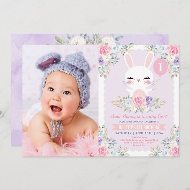 Convites Doce Festa de aniversário de Garota Coelhinha Flor (Frente/Verso)