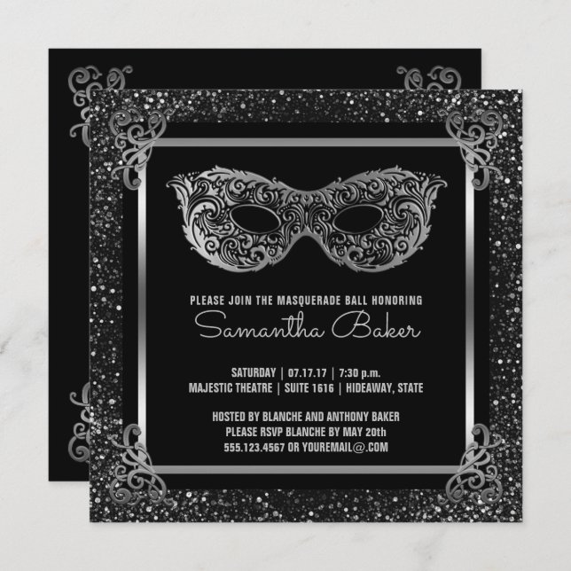 Convites Doce Festa de Mascarada 16| 16 prata doce (Frente/Verso)