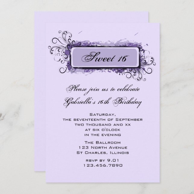 Convites Doce Floral Abstrato púrpura 16 Festa de aniversár (Frente/Verso)