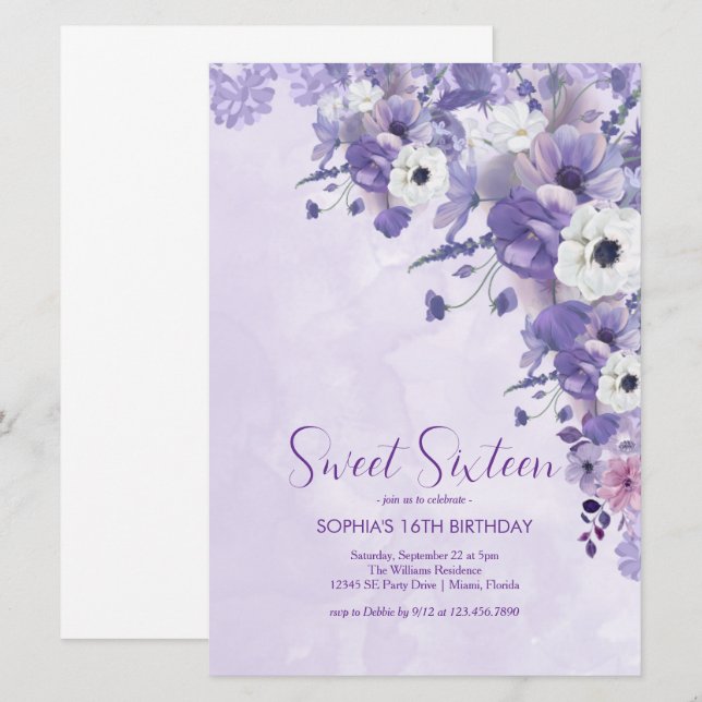 Convites Doce Floral de Lavanda Elegante Dezesseis (Frente/Verso)