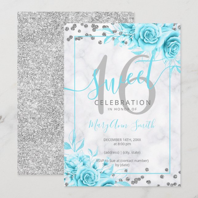 Convites Doce Floral De Teal De Prata 16 Marble Glitter   (Frente/Verso)