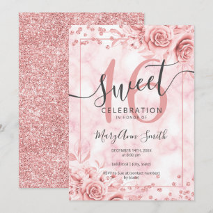 Convites Doce Floral Dourado rosa 16 Aniversário Glitter