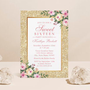 Convites Doce Floral Elegante Dourado 16 Aniversário
