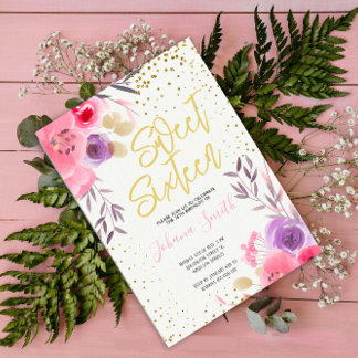 Convites Doce Floral Púrpura Rosa Dourado, Doce Sessenta An