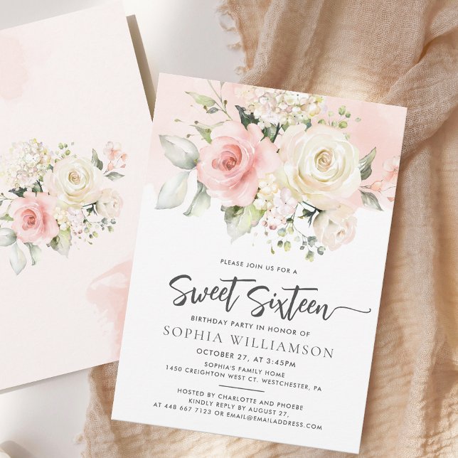 Convites Doce Floral Rosa 16 Festa de aniversário (Pink Floral Sweet Sixteen Script Modern Watercolor 16th Birthday Party Invitation)