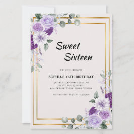 Convites Doce Floral Roxo Dezesseis com Quadro Dourado