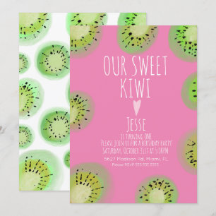 Convites Doce Fruta Kiwi Aniversário Aquarela Rosa Qualquer