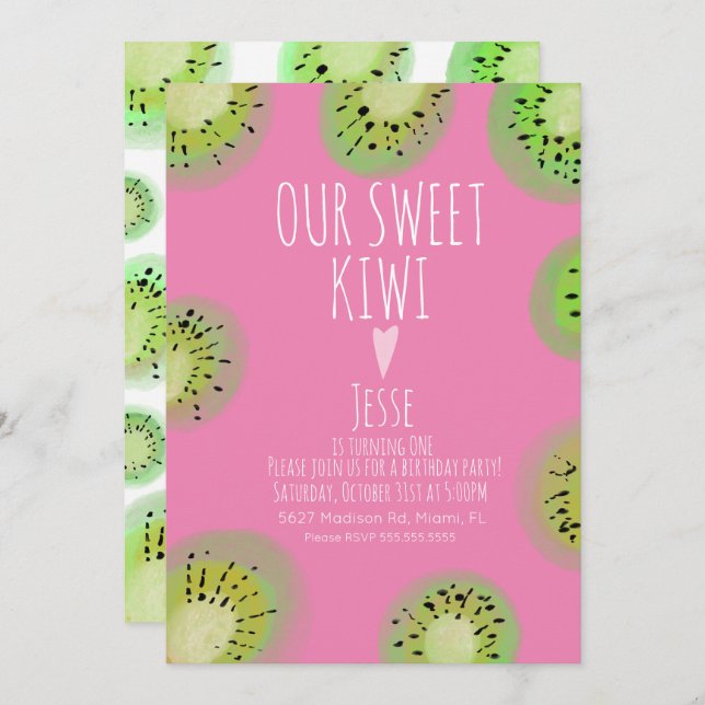 Convites Doce Fruta Kiwi Aniversário Cor de Água Rosa Qualq (Frente/Verso)