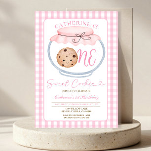 Convites Doce Garota Cookie Primeiro Aniversário Rosa Gingh