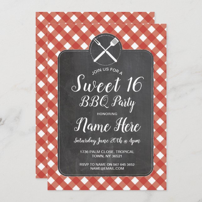 Convites Doce Gingham Chalk Vermelho, CHURRASCO 16 (Frente/Verso)