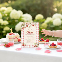 Doce Gingham Floral de Morango Primeiro Aniversári