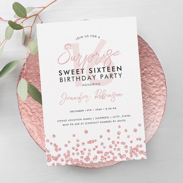 Convites Doce Glitter Confetti, Glitter Dourado, rosa 16 (Rose Gold Glitter Confetti Surprise Sweet 16 Invitation)