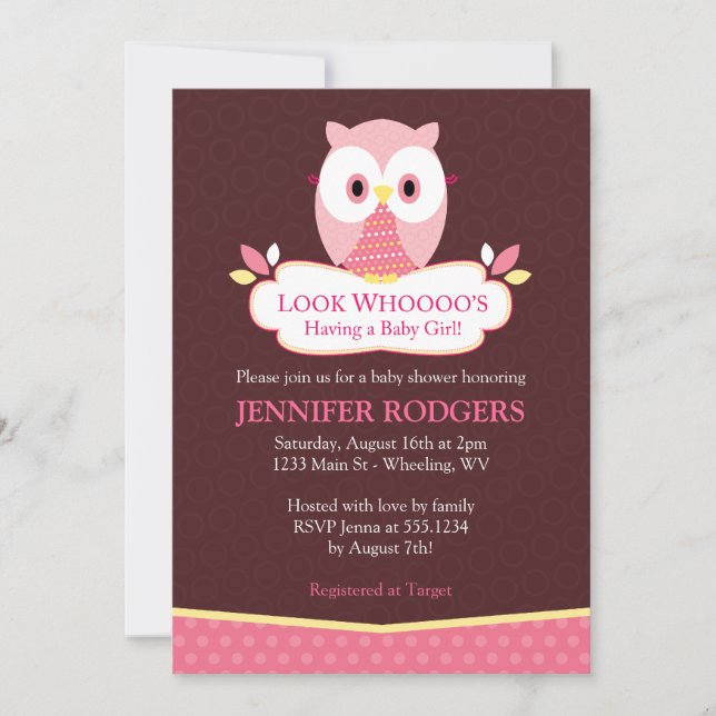 Convites Doce Hoot Owl Baby Shower - Rosa (Frente)