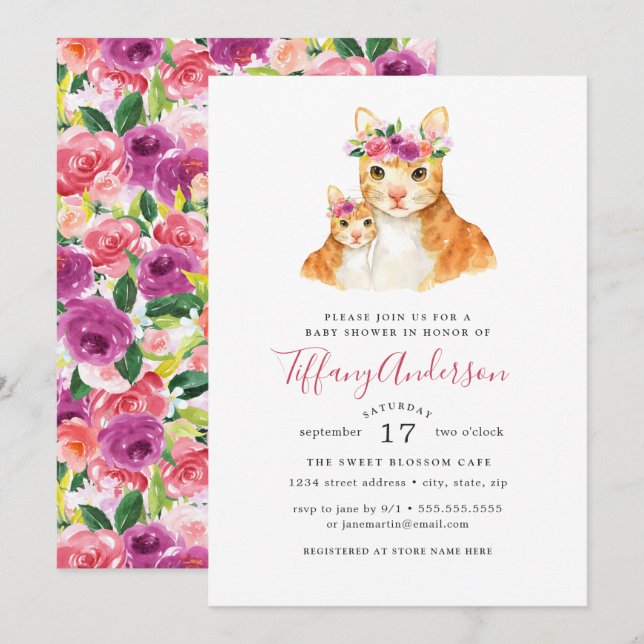 Convites Doce Mamãe e Gatinho Floral Chá de Bebê (Frente/Verso)