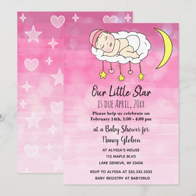 Convites Doce menina Bebê estrelas rosa e luas meninas (Frente/Verso)