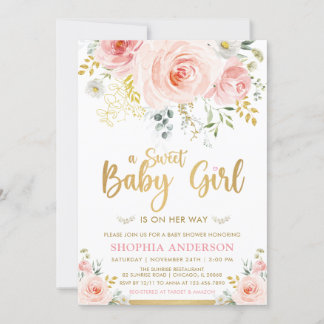 Convites Doce Menina Blush Dourado Chá de fraldas Floral Ro